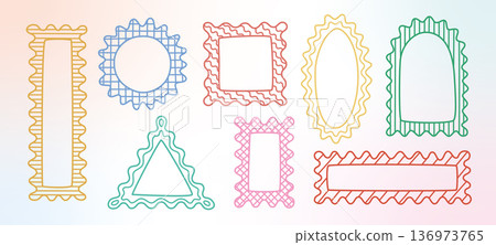 Bright color checkered line pattern wavy, zigzag edges geometric shapes, figures. Cute squiggle frames. Groovy vector frameworks, arch, circle. 136973765