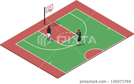 2 guys playing shootaround on basketball court 136973769