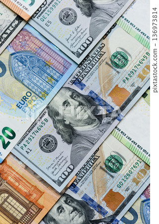 Euro and dollar banknotes, exchange, sales, economic tariffs and taxes. Euros and dollars 136973814