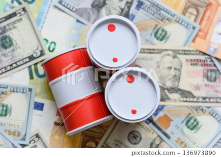 Metal barrels containing oil, gas, or chemicals, with a prohibition sign. Oil barrels Metal barrels containing oil, gas, or chemicals, with a prohibition sign. Oil barrels 136973890