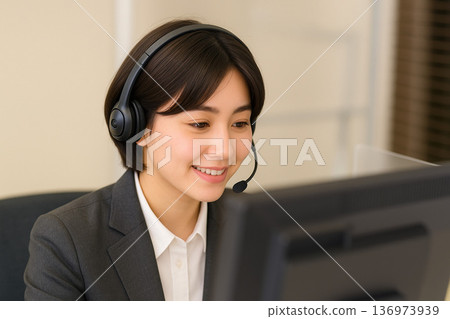 A female operator using a headset to assist customers (call center support image) 136973939