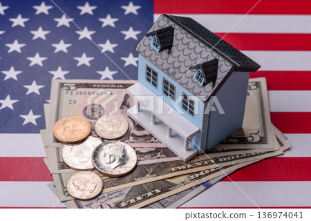 Real estate, conceptual background on the US flag, renting, investing, and business. Real estate Real estate, conceptual background on the US flag, renting, investing, and business. Real estate 136974041