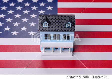 Real estate, conceptual background on the US flag, renting, investing, and business. Real estate 136974050