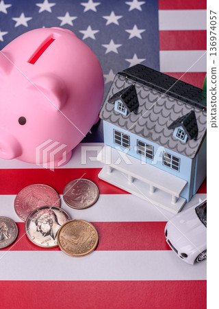 Real estate, conceptual background on the US flag, renting, investing, and business. Real estate Real estate, conceptual background on the US flag, renting, investing, and business. Real estate 136974057