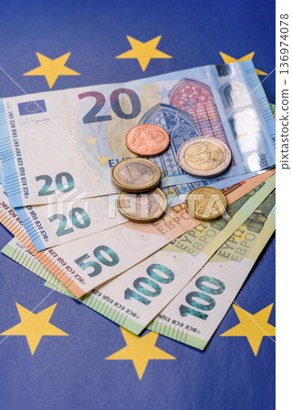 Euro, European currency cash banknotes for business and financial exchanges. Euro banknotes Euro, European currency cash banknotes for business and financial exchanges. Euro banknotes 136974078