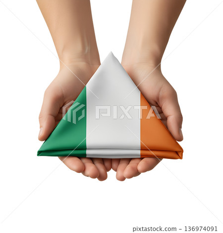 Two hands gently and respectfully holding the folded national flag of ireland the tricolour, representing patriotism, respect, and heritage Two hands gently and respectfully holding the folded national flag of ireland the tricolour, representing patriotism, respect, and heritage 136974091