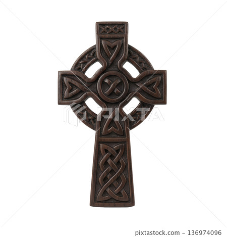 Intricate celtic cross featuring elaborate knotwork patterns and traditional spiral designs, isolated. Ideal for irish heritage and religious themes Intricate celtic cross featuring elaborate knotwork patterns and traditional spiral designs, isolated. Ideal for irish heritage and religious themes 136974096