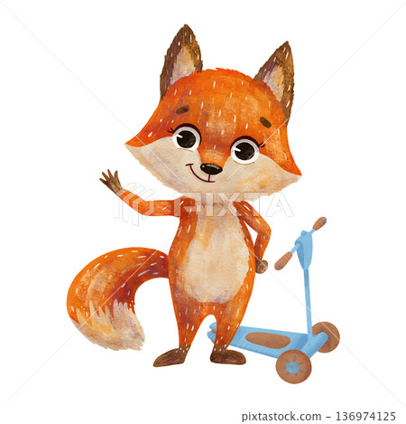 A red fox cub, a cartoon character with a scooter in a flat style. Watercolor, pastel, gouache. Design element for children's products: printing A red fox cub, a cartoon character with a scooter in a flat style. Watercolor, pastel, gouache. Design element for children's products: printing 136974125
