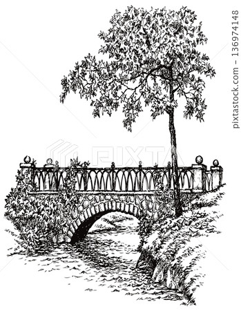 Vector landscape. A maple near the ancient stone bridge over a small river Vector landscape. A maple near the ancient stone bridge over a small river 136974148