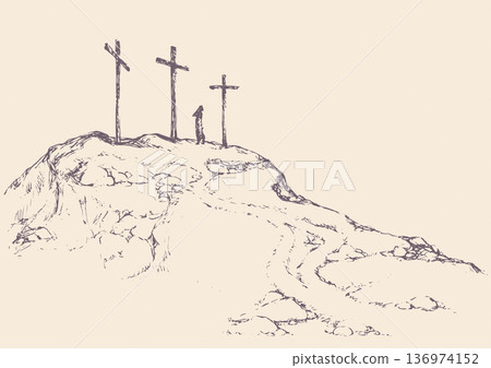 Three crosses stand on  light sky backdrop 136974152