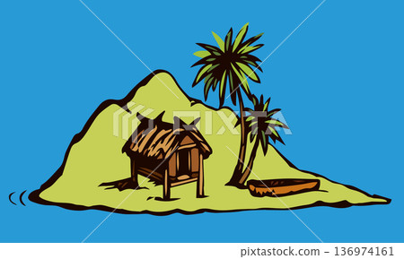 Hut on the island. Vector drawing 136974161