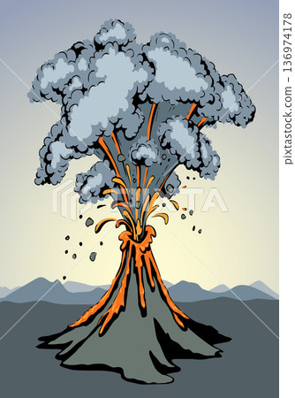 A smoking volcano eruption. Vector drawing 136974178