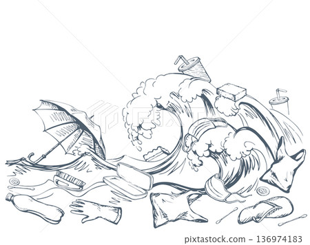 Ocean pollution from plastic waste. Vector drawing 136974183