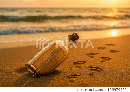Message In Bottle On Sandy Beach At Sunset 136974211