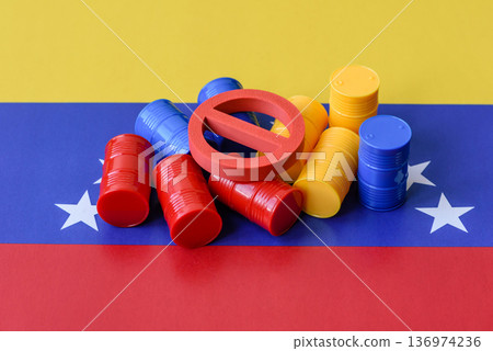 Barrels of oil, gas, or chemicals on the venezuelan flag and a ban sign. Barrels of venezuela oil Barrels of oil, gas, or chemicals on the venezuelan flag and a ban sign. Barrels of venezuela oil 136974236
