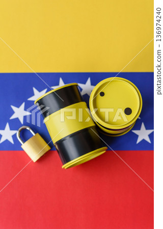 Barrels of oil, gas, or chemicals on the venezuelan flag and a ban sign. Barrels of venezuela oil 136974240