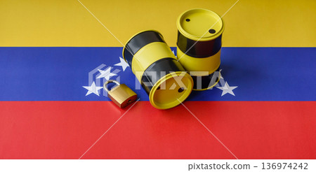 Barrels of oil, gas, or chemicals on the venezuelan flag and a ban sign. Barrels of venezuela oil Barrels of oil, gas, or chemicals on the venezuelan flag and a ban sign. Barrels of venezuela oil 136974242