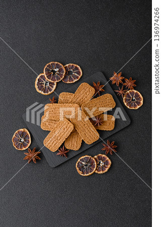 Caramel biscuit cookies, or shortbread, are a healthy breakfast food. Biscuit cookies 136974266