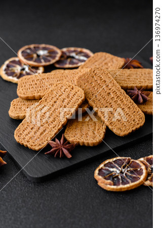 Caramel biscuit cookies, or shortbread, are a healthy breakfast food. Biscuit cookies Caramel biscuit cookies, or shortbread, are a healthy breakfast food. Biscuit cookies 136974270