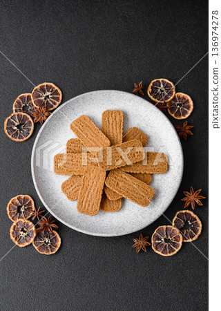 Caramel biscuit cookies, or shortbread, are a healthy breakfast food. Biscuit cookies 136974278