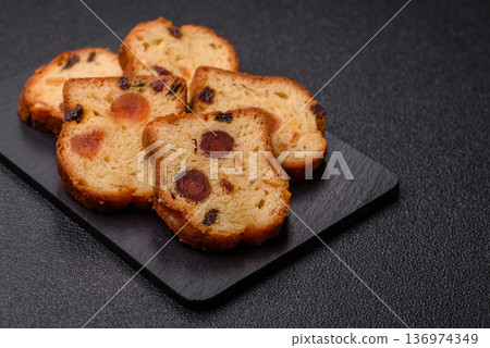 Fruit cake, a dessert with cherries, plums, and raisins for a festive Christmas table. Fruit cake Fruit cake, a dessert with cherries, plums, and raisins for a festive Christmas table. Fruit cake 136974349