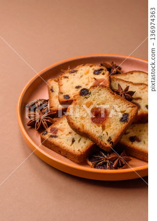 Fruit cake, a dessert with cherries, plums, and raisins for a festive Christmas table. Fruit cake Fruit cake, a dessert with cherries, plums, and raisins for a festive Christmas table. Fruit cake 136974363