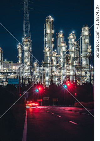 Kashima Oil factory night view, traffic lights, and car taillights 136974507