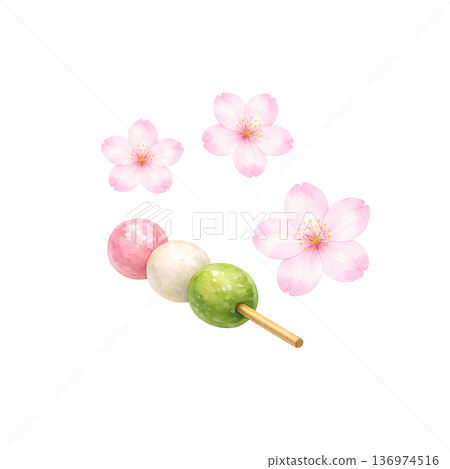 Three-colored dumplings and cherry blossoms watercolor style spring Japanese style illustration cutout material Three-colored dumplings and cherry blossoms watercolor style spring Japanese style illustration cutout material 136974516
