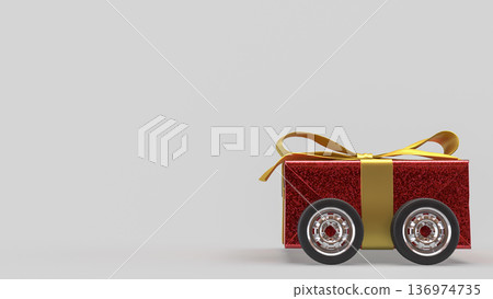 Festive Red Gift Box Car with Gold Ribbon on White Background 3d render. Festive Red Gift Box Car with Gold Ribbon on White Background 3d render. 136974735