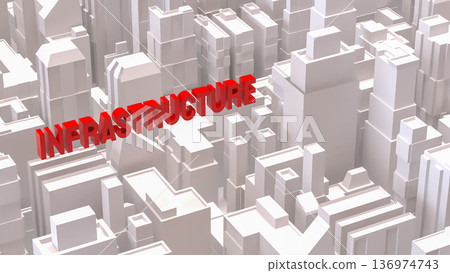 Red Infrastructure Text Over Abstract Cityscape Background 3d render. Red Infrastructure Text Over Abstract Cityscape Background 3d render. 136974743