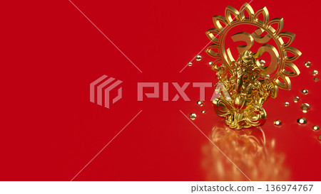 Golden Ganesha with Om Symbol on Red 3d render. Golden Ganesha with Om Symbol on Red 3d render. 136974767