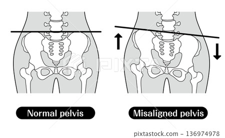 Comparison illustration of normal and distorted pelvis | Monochrome Comparison illustration of normal and distorted pelvis | Monochrome 136974978