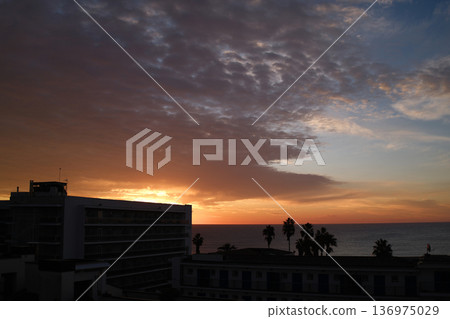 Sunrise Over the Sea with Palm Trees View from Home Sunrise Over the Sea with Palm Trees View from Home 136975029