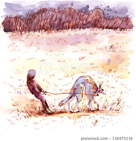 Man Walking Dog in Field Hand Drawn Illustration 136975236