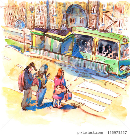 Watercolor Illustration of Tram and Pedestrians Watercolor Illustration of Tram and Pedestrians 136975237