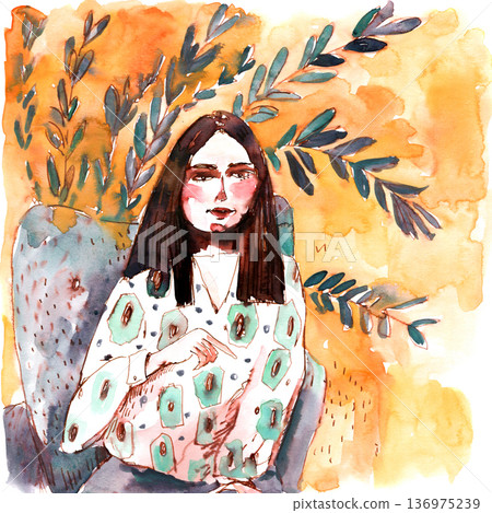 Watercolor Portrait of a Woman Indoors 136975239