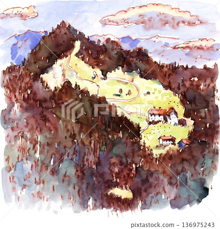 Watercolor Painting of Alpine Village Watercolor Painting of Alpine Village 136975243