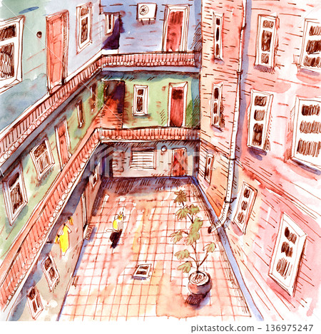 Courtyard Building With Balconies And Windows Courtyard Building With Balconies And Windows 136975247