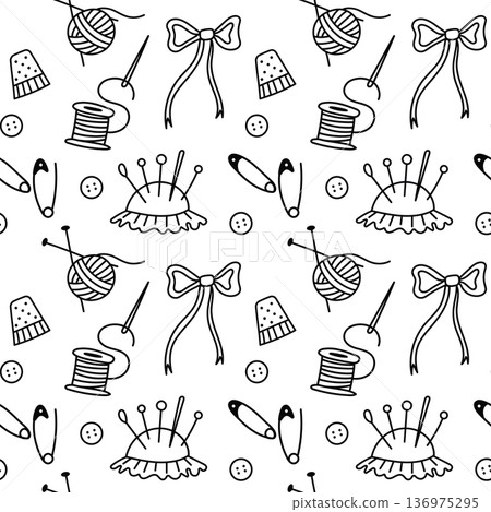 Sewing Seamless Pattern with Needle Thread and Craft Tailor Tool Illustration 136975295