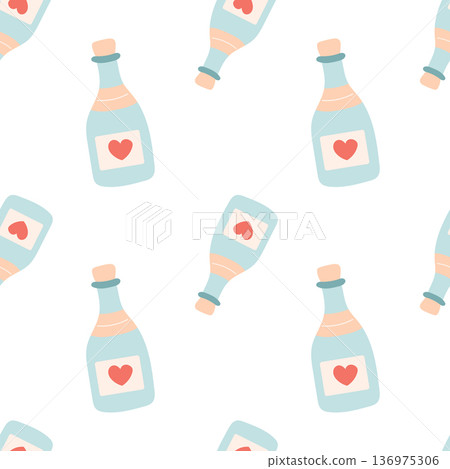 Cute Love Bottle Seamless Pattern with Romantic Drink Illustration and Sweet Valentine Background Cute Love Bottle Seamless Pattern with Romantic Drink Illustration and Sweet Valentine Background 136975306