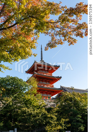 Red Japanese pagoda temple framed by autumn leaves in Kyoto, Japan Red Japanese pagoda temple framed by autumn leaves in Kyoto, Japan 136975394