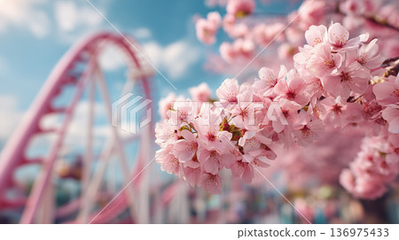 春日休閒景象，櫻花盛開，摩天輪緩緩轉動。 136975433