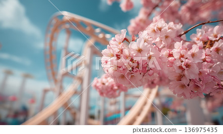 春日休閒景象，櫻花盛開，摩天輪緩緩轉動。 136975435