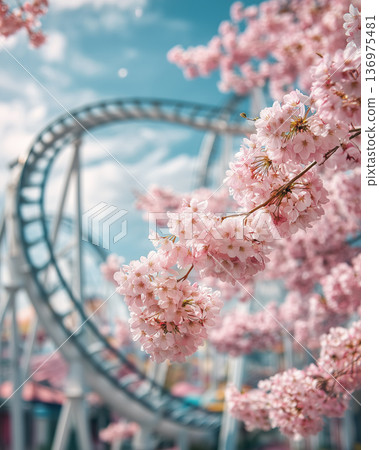 一幅垂直的春日景觀，櫻花盛開，還有一座摩天輪。 136975481