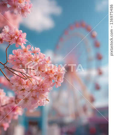 一幅垂直的春日景觀，櫻花盛開，還有一座摩天輪。 136975486