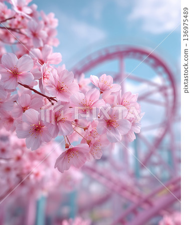 一幅垂直的春日景觀，櫻花盛開，還有一座摩天輪。 136975489