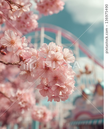一幅垂直的春日景觀，櫻花盛開，還有一座摩天輪。 136975490