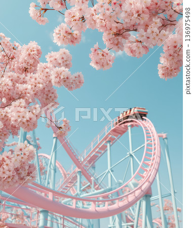 春季豎幅構圖背景，櫻花盛開，摩天輪矗立。 136975498