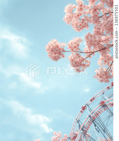 一幅充滿春日氣息的垂直構圖，由藍天、櫻花和摩天輪組成。 136975501