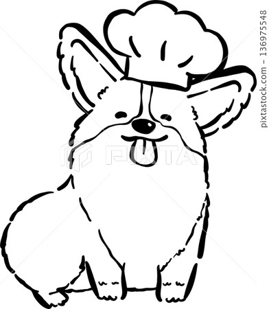 Cute Corgi Outline with Chef Hat Cartoon Hand Drawn, Bread Loaf Dog Doodle 136975548